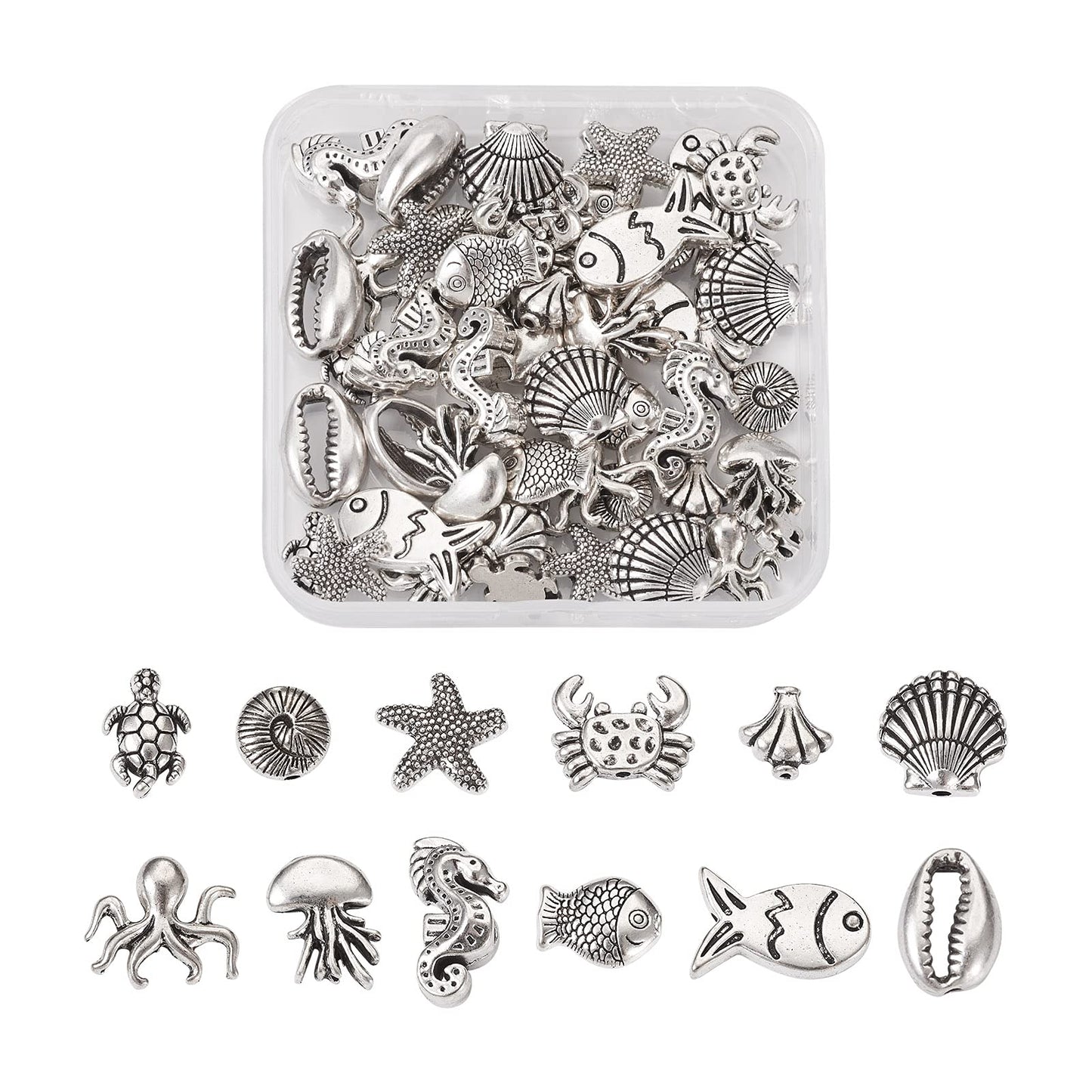 Fashewelry 60pcs Ocean Animal Tibetan Loose Spacer Beads Turtle Shell Fish Antique Silver Sea Life Creatures Alloy Western Beads for Necklace Bracelet Earring Craft Jewelry Making Supplies