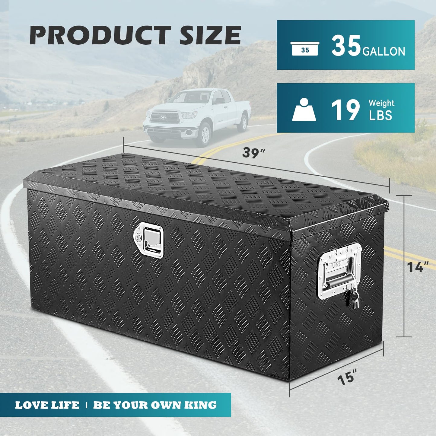 KING CHAO FOO 39" Lx15 Wx14 H Aluminum Tool Box, Heavy Duty Truck Bed Toolboxes with 2 PCS Keys, Upgraded Widest Tool Box Used for Truck Bed Storage,Trailers,Pickup,RV, All-Weather Use