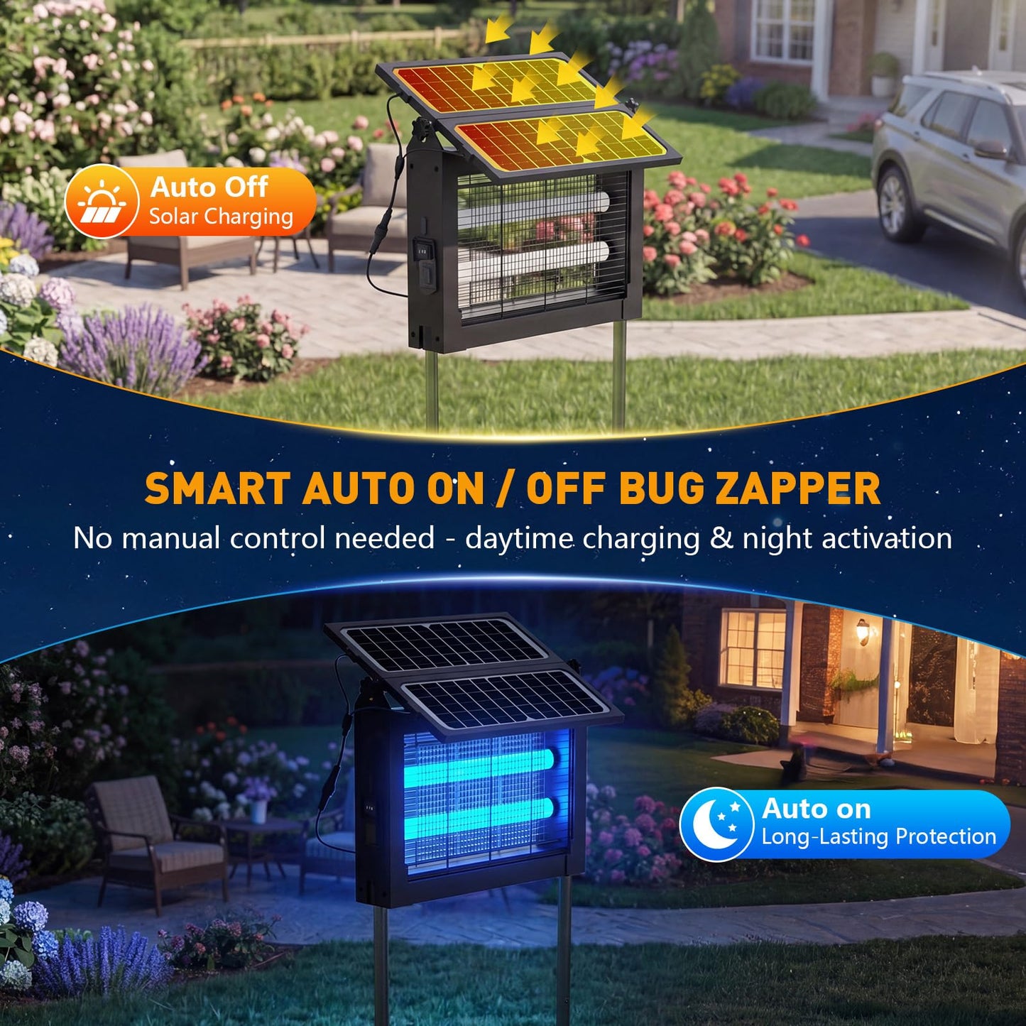 Solar Bug Zapper Outdoor, 4500V Solar Mosquito Zapper with Dual Solar Panels, 1/2 Acre Coverage Cordless Rechargeable Electric Fly Zapper, IPX5 Waterproof Mosquito Traps for Backyard, Patio, Camping