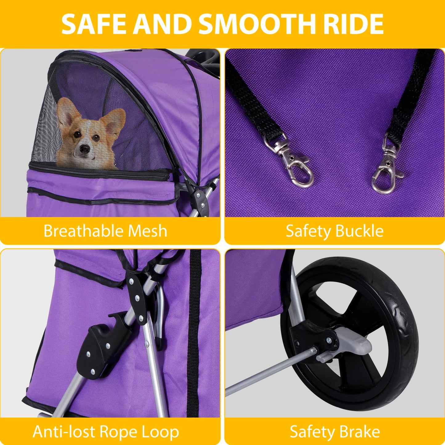 Pet Stroller 4 Wheels Dog Cat Stroller for Small Medium Dog Cats Carrier Jogger Travel Foldable Puppy with Storage Basket and Cup Holder (Purple)
