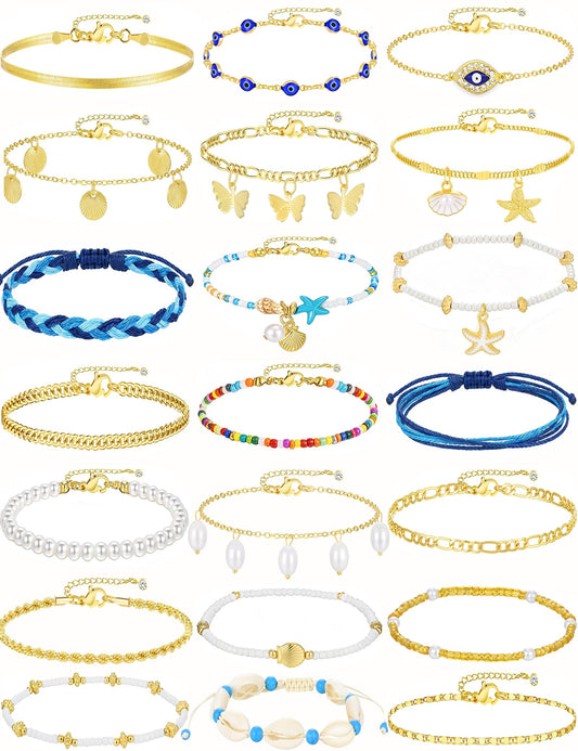 17KM 21PCS Gold Ankle Bracelets for Women, Boho Shell Bead Cuban Link Chain Waterproof Gold Anklets Set, Adjustable Layered Anklets for Women Beach Jewelry Gift