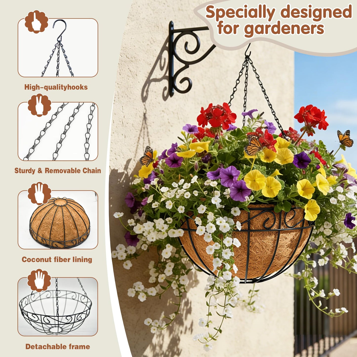 14 inch Metal Hanging Baskets For Plants Outdoor 4 Pack Round Metal Wire Hanging Basket Planter with Coco Fiber Liners Chain Round Wire Plant Holder for Garden, Patio, Deck, Porch Plants Flower Potss