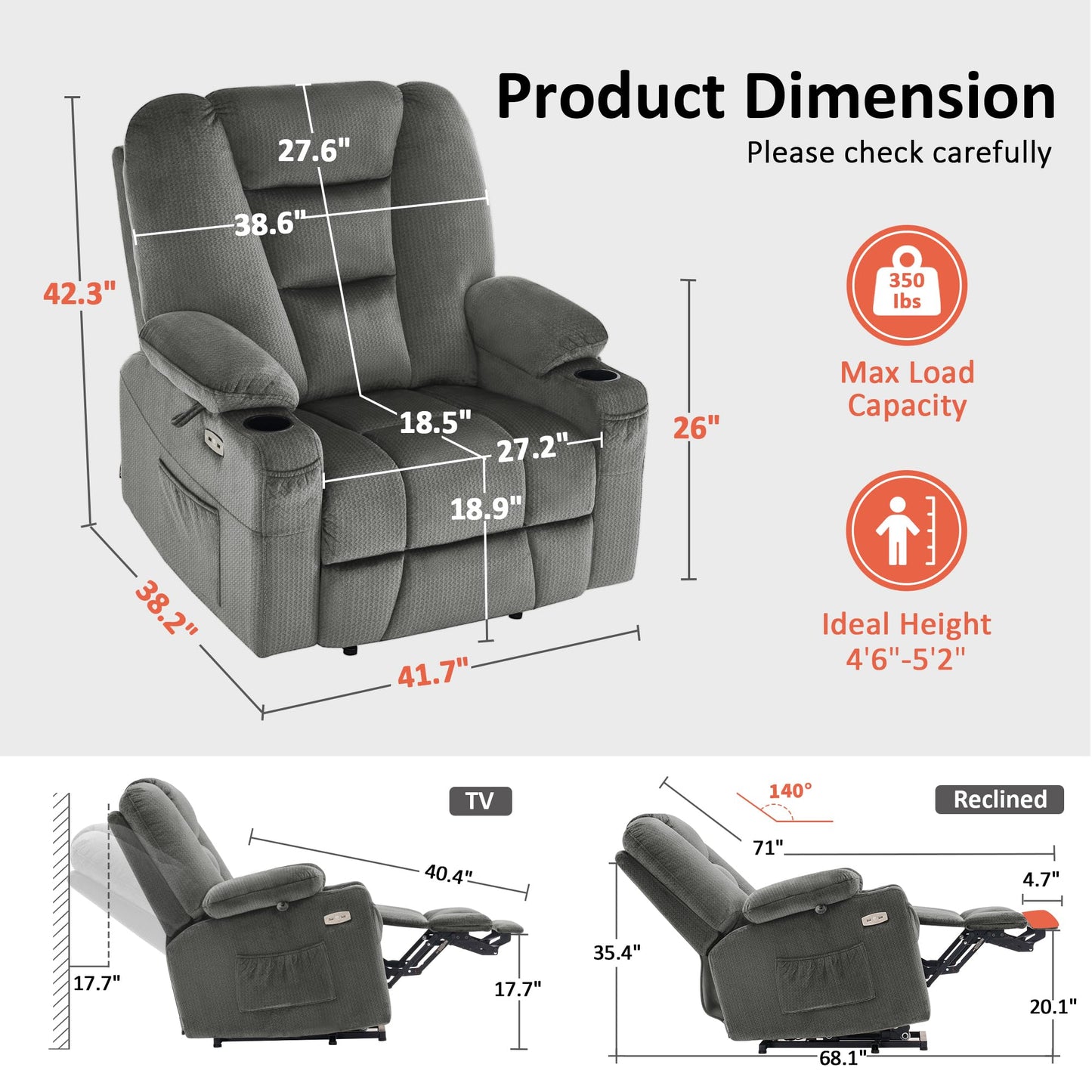 MCombo Oversized Power Lift Recliner Chair Sofa with Massage and Heat for Elderly People Petite, USB Ports, Side Pockets, Fabric R7561 (Grey, Small-Oversize)