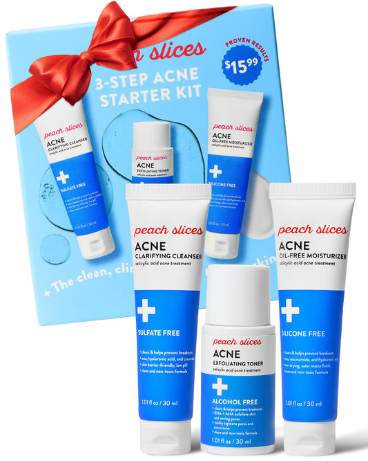 Peach Slices - 3-Step Clarifying Starter Kit (3 Products) - Skin Care Set for Blemish-Prone Skin - 1 Toner, 1 Cleanser, 1 Oil Free Moisturizer - 2% Salicylic Acid & Botanicals - Vegan & Cruelty Free