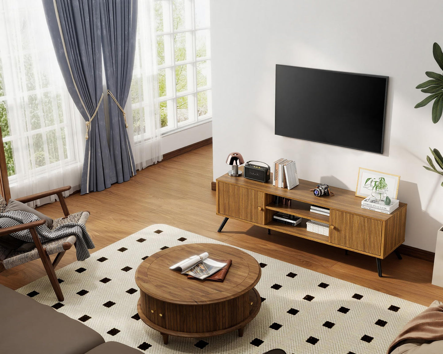 COMHOMA TV Stand for Living Room, Mid Century Modern Entertainment Center for 55/60/65 Inch TVs, Retro Brown TV Console with Fluted Door Cabinets and Open Adjustable Shelve Storage for Bedroom (59In)