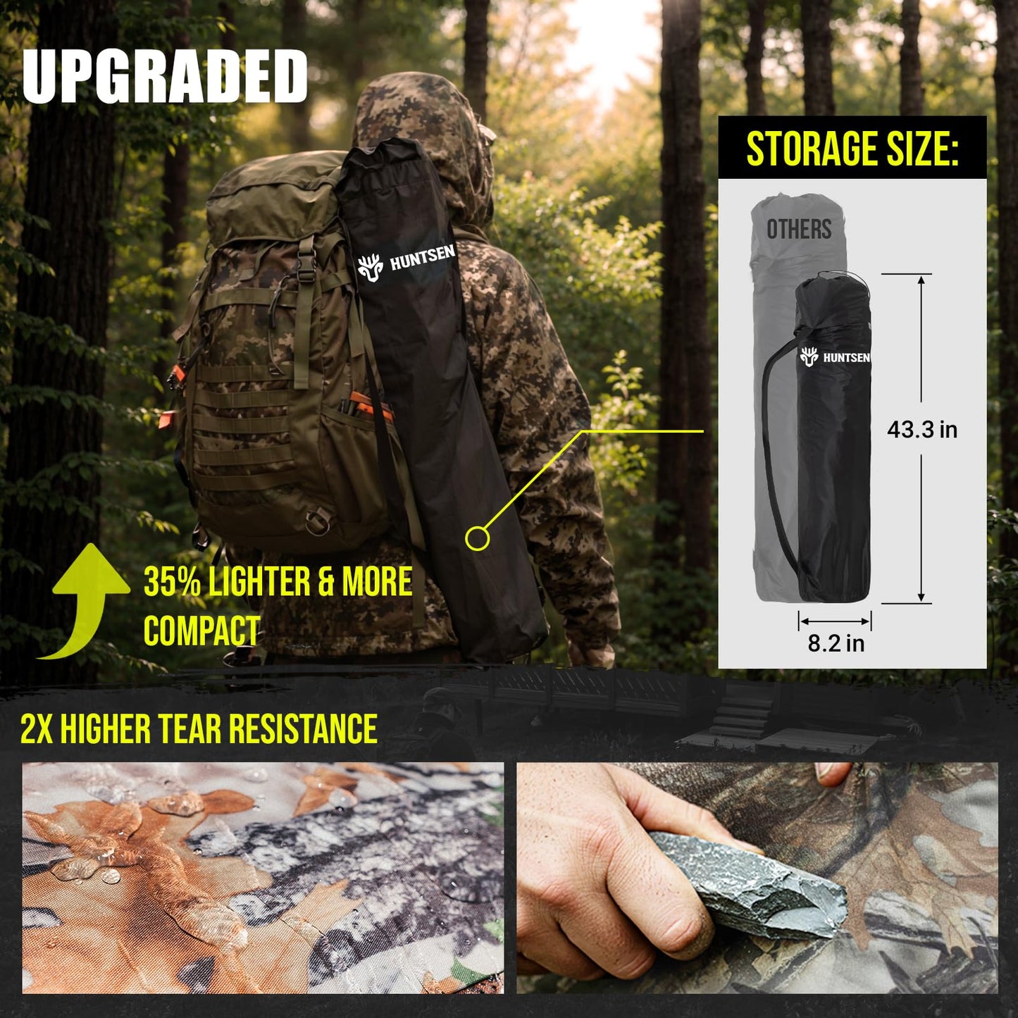 HUNTSEN 360 Degree See Through Hunting Blind with Double Open Door - Lightweight Soft Material Portable Pop Up Ground Blind - 2-3 Person Concealed Camouflage Tent with Carrying Bag for Deer & Turkey