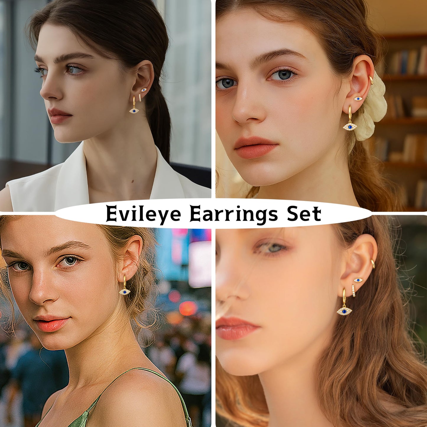 Evil Eye Earrings Set for Women, Gold Evil Eye Dangle Stud Hoop Earring Set for Multiple Piercing, Dainty Earrings for Everyday Wear Protection Jewelry