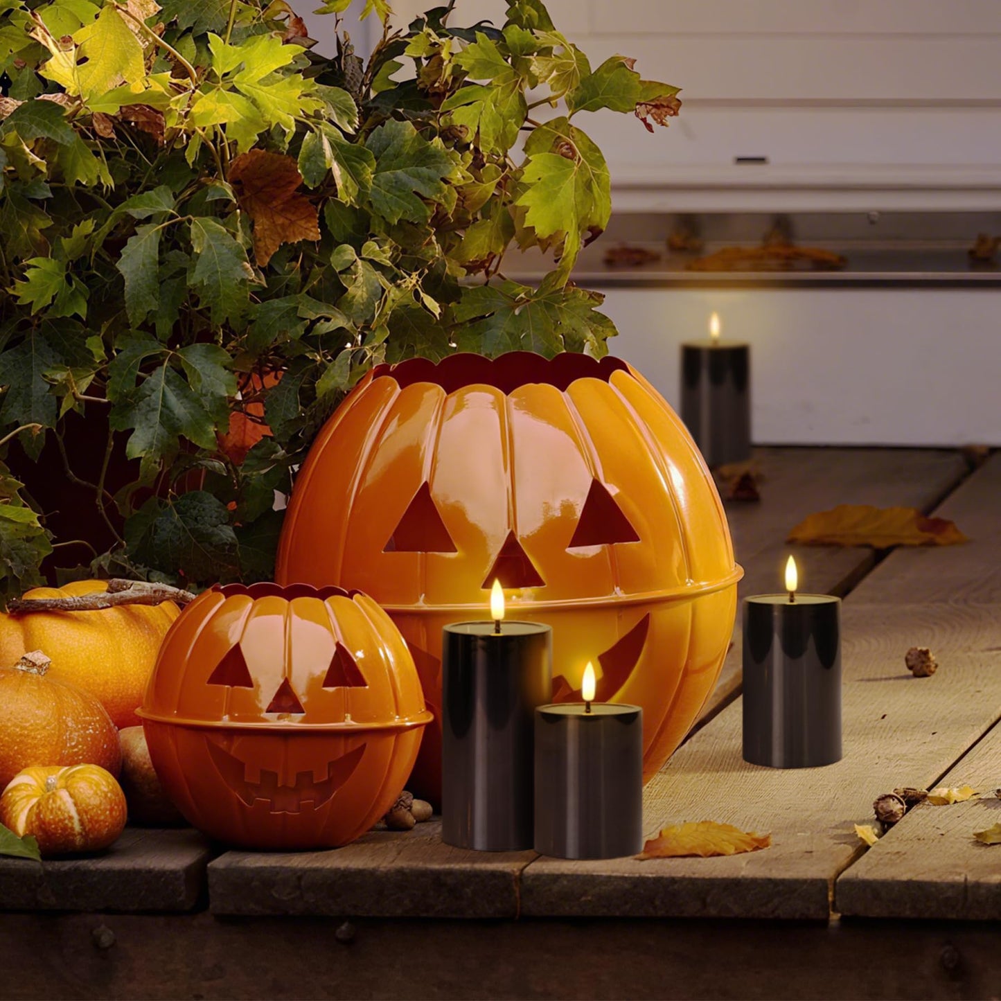 Mavandes Solar Powered Waterproof Flameless Pillar Candles with Candle Grease, Flickering Dusk to Dawn Battery Operated Pack of 4 Black Plastic LED Outdoor Lighting Halloween (3" x 4"" 5"" 5"" 6"")"