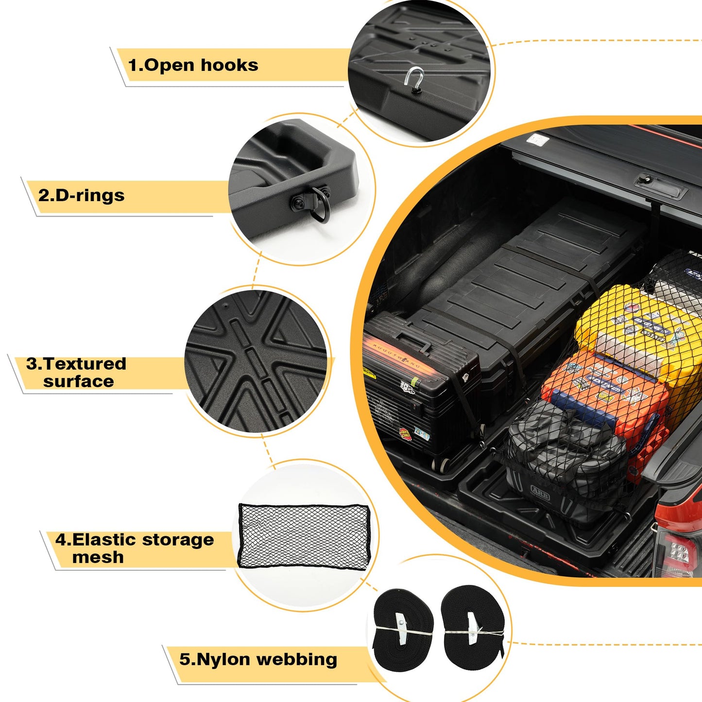 KOKSHELY Truck Bed Slide Out Cargo Tray, 62" Lx 47.2" W Size Truck Bed Organizer Tray for 5’7’’+ Long Beds, Sliding Truck Cargo Tray Fits Most Full-Size Pickups, with Open Hooks & Elastic Cargo Net
