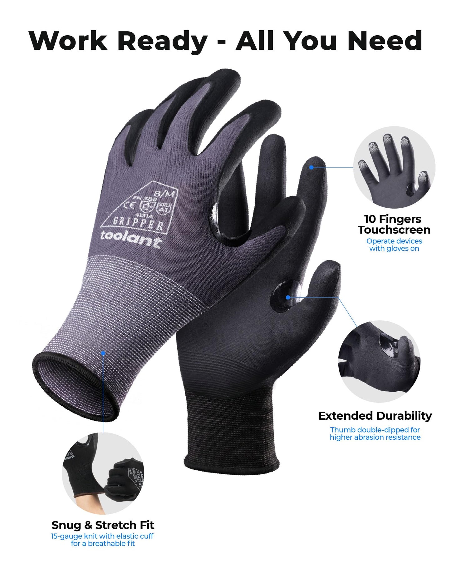 toolant 6 Pairs Work Gloves MicroFoam Nitrile Coated, 15 Gauge Breathable Nylon with Grip in Wet & Oily Condition, Touchscreen, Certified Working Gloves Bulk for Gardening, Warehouse,Automotive,Gray,M