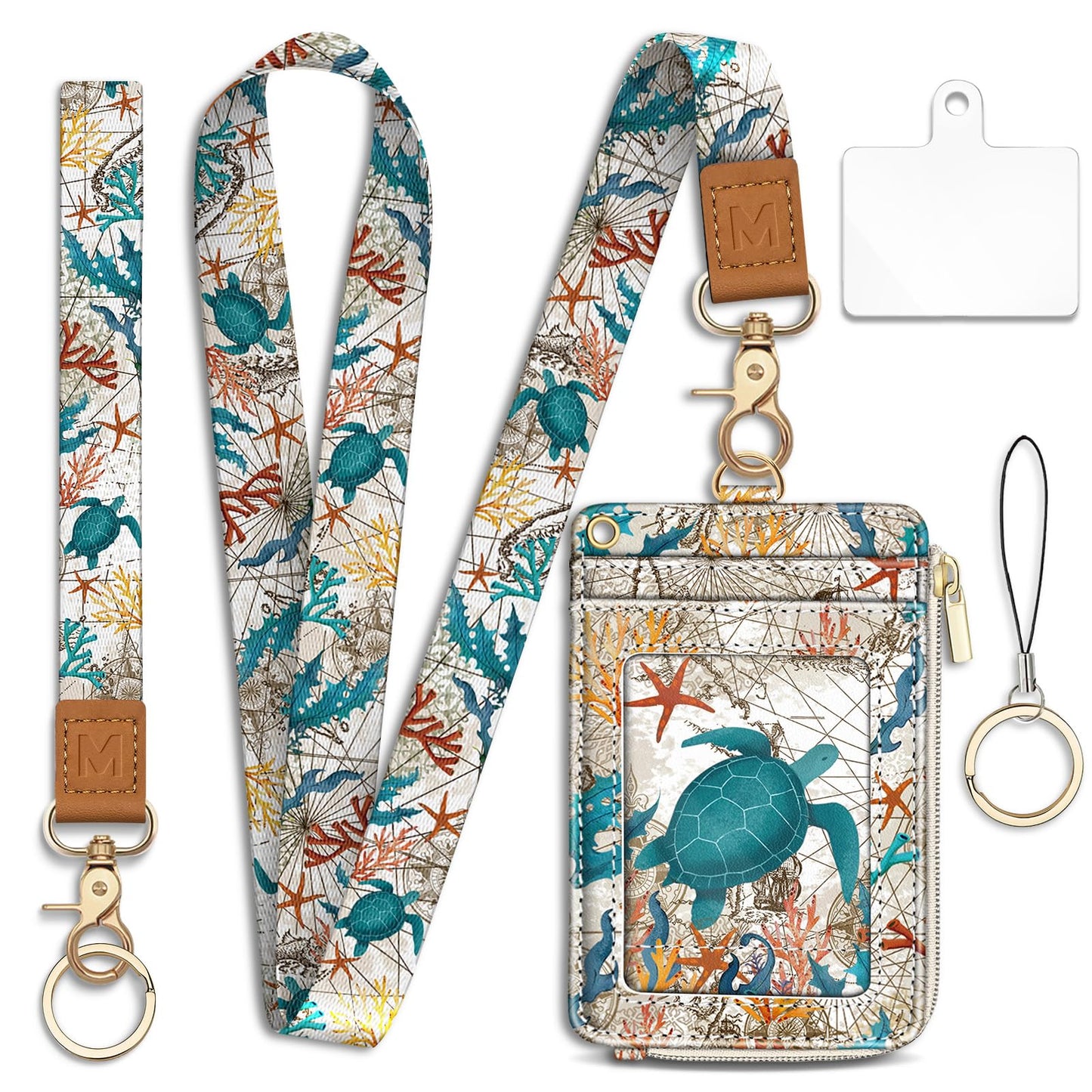 Mavellin Lanyard Wallet with Id Badge Holder, Sea Turtle RFID Small Keychain Wallet Women Wristlet, Cute Zipper Credit Card Holder Phone Wrist Neck Strap for Key Name Tag, Teacher Student Office Gifts