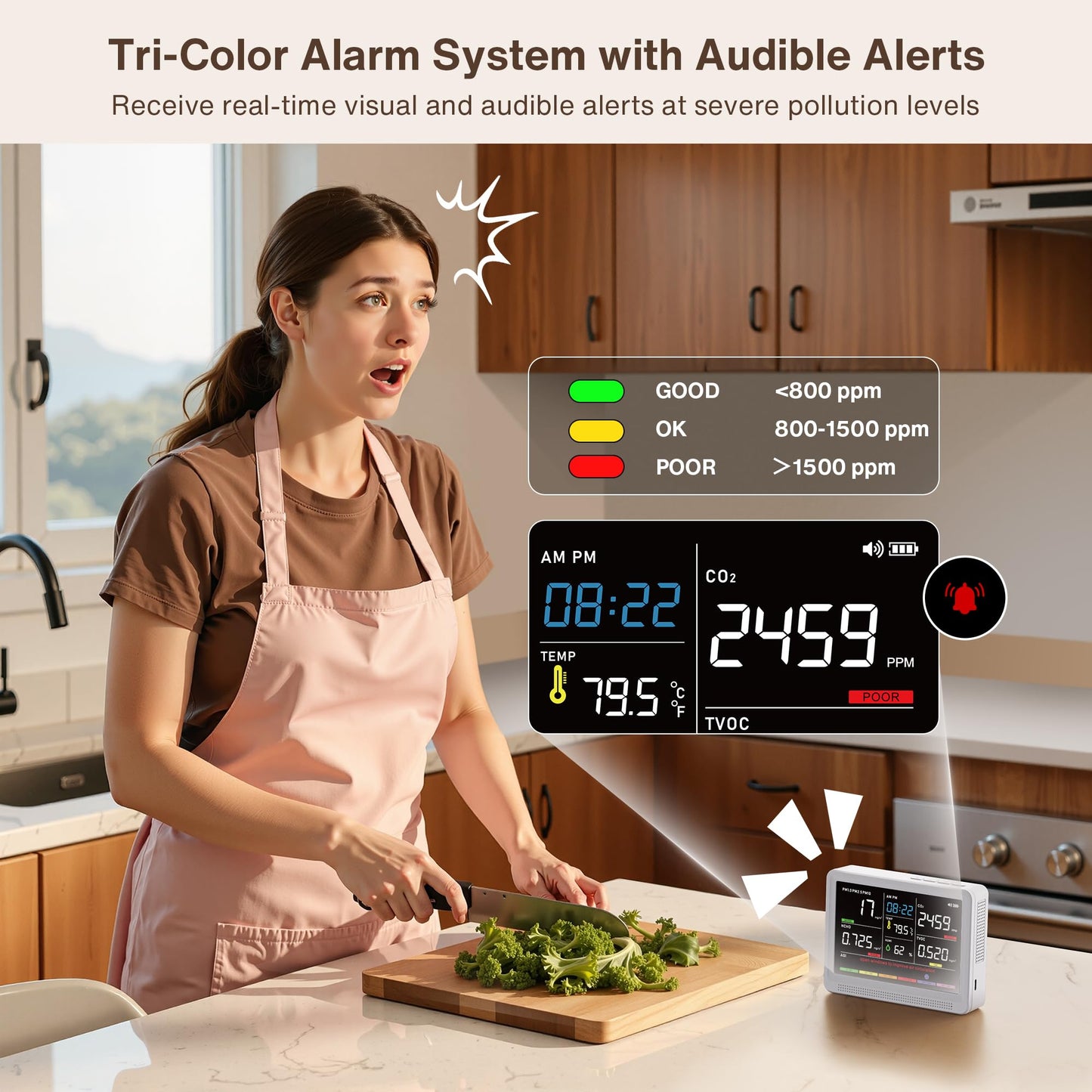 Professional 16 in 1 Air Quality Monitor Indoor 10h Battery & 5.5" Display 9 AQI+7 AQI Alerts, Portable CO2 Monitor Air Quality Tester for CO2, TVOC, PM2.5 PM1.0 PM10, HCHO Temp/ Humidity AQI & Time