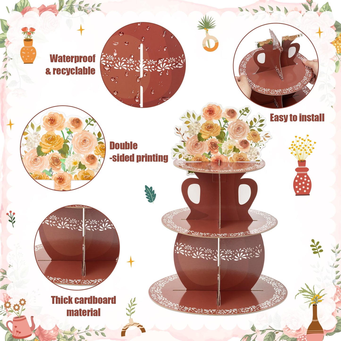 ANGOLIO De Barro Mexicanos Cupcake Stand Party Supplies - 3 Tier Mexican Flower Birthday Cupcake Tower Taco Dessert Holder Display Party Decorations for Wedding Baby Shower Birthday Fiesta (Brown)