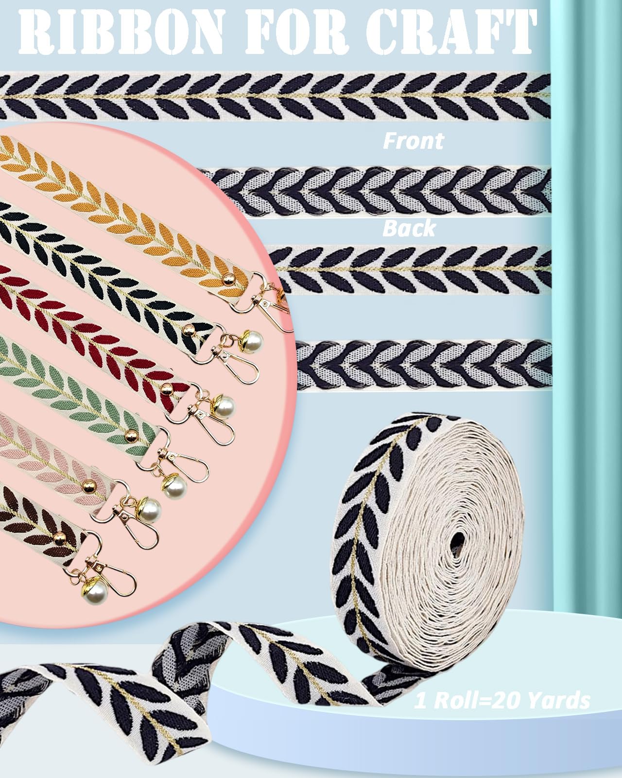 MSCFTFB 20 Yards Leaf Ribbon for Gift Wrapping, 1 inch Ribbon for Flower Bouquet, Fabric Trim Embroidery Jacquard Ribbon for Hair Bow Craft,Christmas,Valentine,Wedding Decoration (Black)
