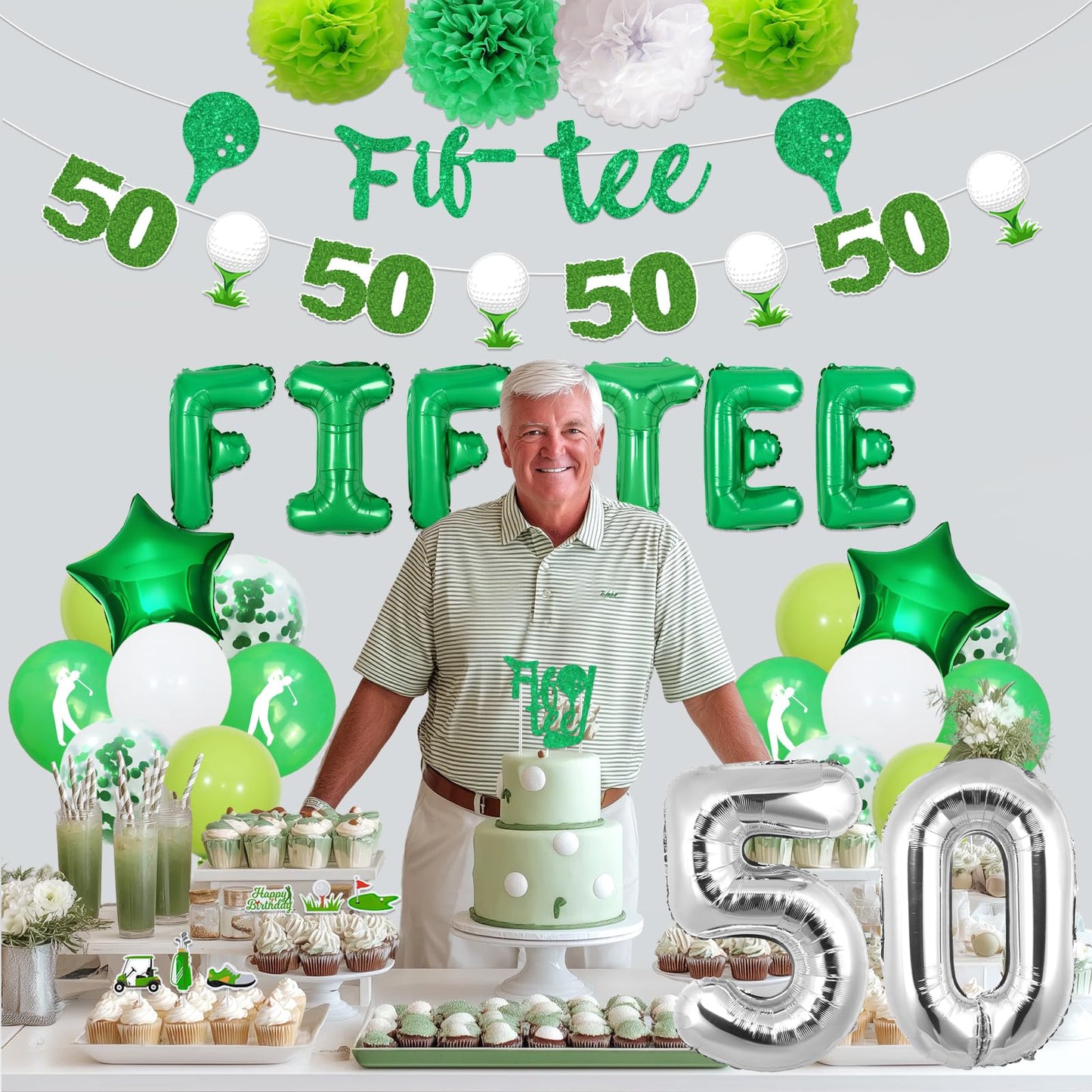 Golf 50th Birthday Party Decorations Fiftee Golf Banner Fif Tee Cake Topper Golf Theme Cupcake Toppers Garland Pom Poms for Women Men Sports 50th Birthday Party Supplies