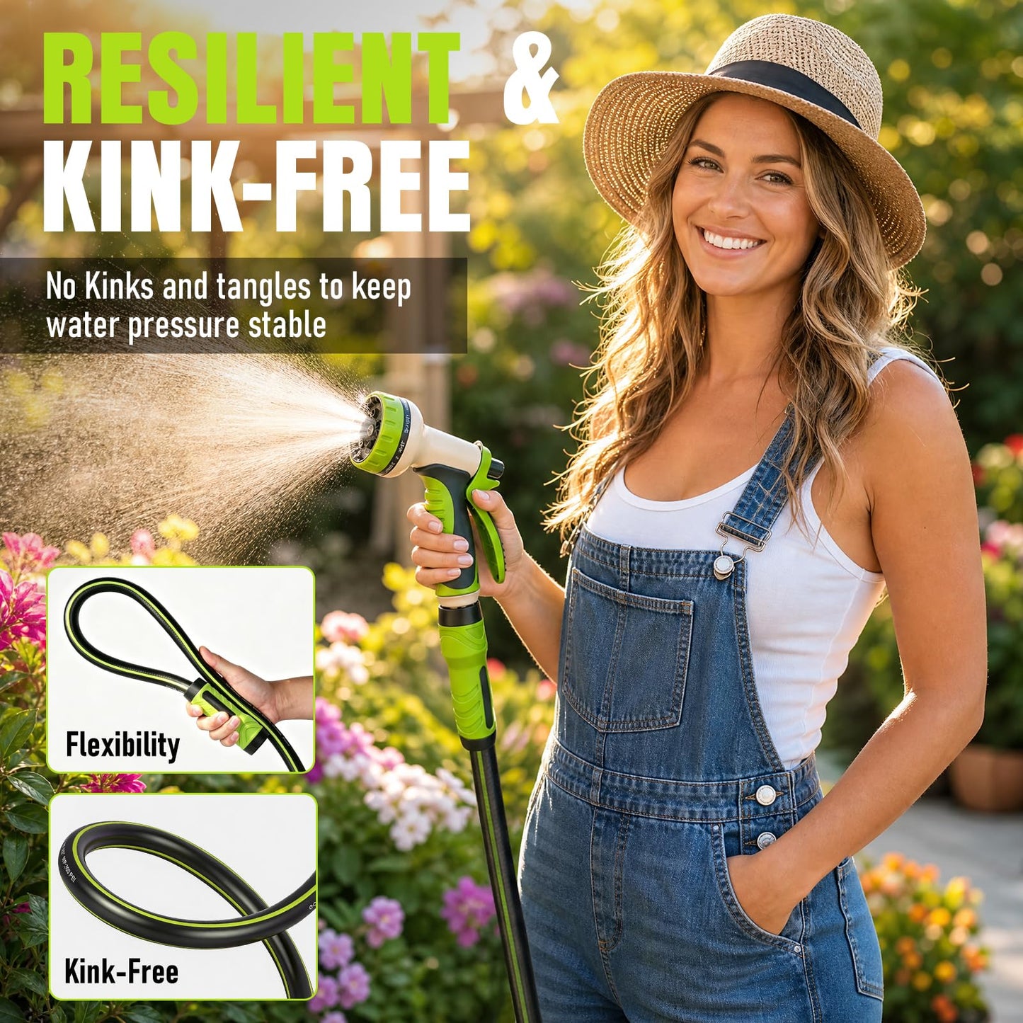 Garden Hose 25ft x 5/8", Heavy Duty Water Hose, Flexible and Durable, Kink Resistant Lightweight Hybrid Hose, Leakproof Yard Hose with Male to Female Fittings