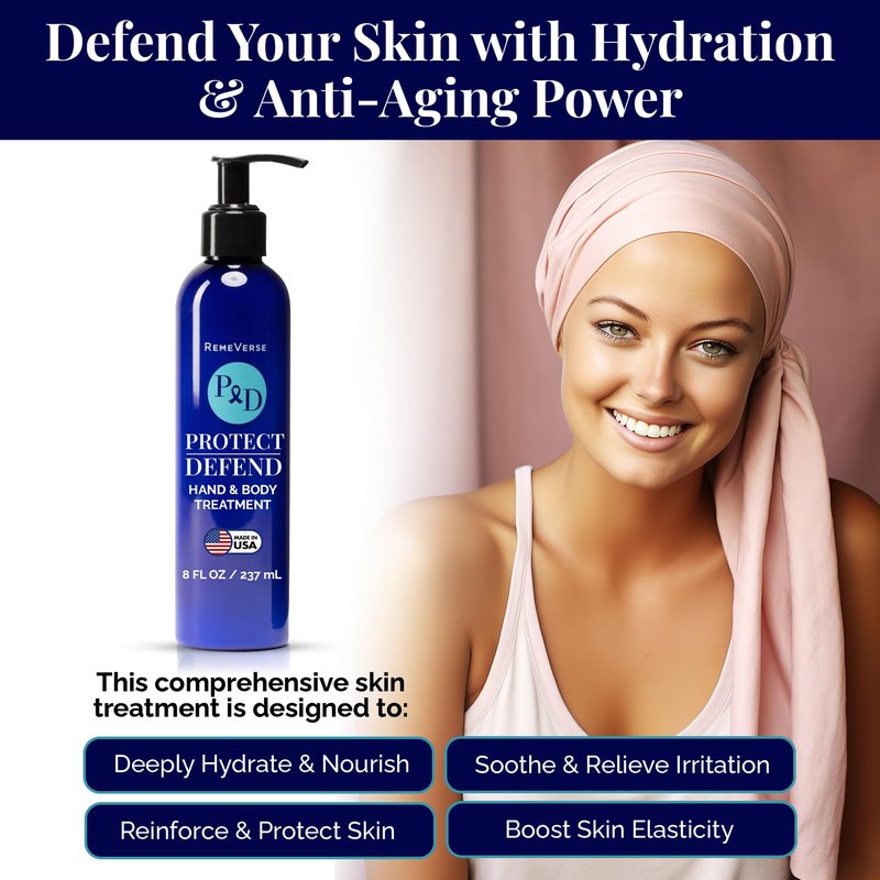 RemeVerse Protect & Defend Hand and Body Treatment Lotion - Moisturizer for Chemotherapy and Sensitive Skin - Hydrating and Nourishing Body Skin Care - Gentle & Fragrance-Free - Made in USA - 8 oz
