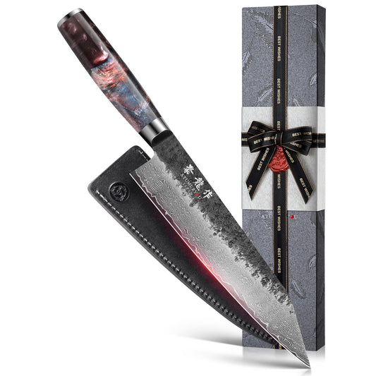 8.27 Inch Japanese Kiritsuke Chef Knife with VG10 Core, Professional 67-Layer Hand-Forged Damascus Knife with Ergonomic Handle, Leather Sheath and Elegant Gift Box – Perfect Gifts for Women Men