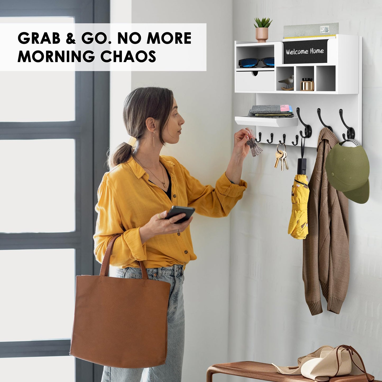 QooWare Key Holder Wall Mount with Mail Slot, Wall Key Holder with Chalkboard, Drawer & 7 Hooks, Key Hooks for Wall, Key Hanger Organizer for Entryway Keys Coats Bags, White Farmhouse