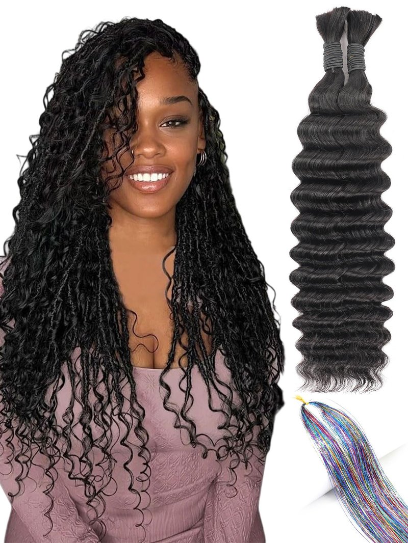 QUINARVVNA Human Braiding Hair for Boho Braids 110g Deep Wave Curly Bulk Human Hair 2 Bundles 12A Wet and Wavy Extensions for Knotless Bohemian Braids No Weft Natural Black 18 Inch