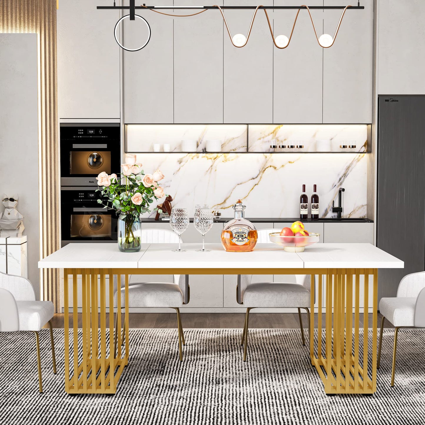 Tribesigns Modern Dining Table for 6-8 People, 70.8 Inches Long White Room Kitchen, Wood Kitchen with Gold Metal Legs, Rectangular Dinner Room, Family Gathering