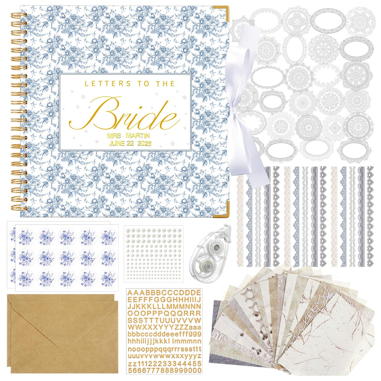 Humyoun Wedding Guest Book Letters to The Bride Scrapbook Wedding Memory Book Bridal DIY Blank Paper Scrapbook Photo Album Guest Sign with Pearl Stickers(12 x 12 Inch,Floral,Blue)