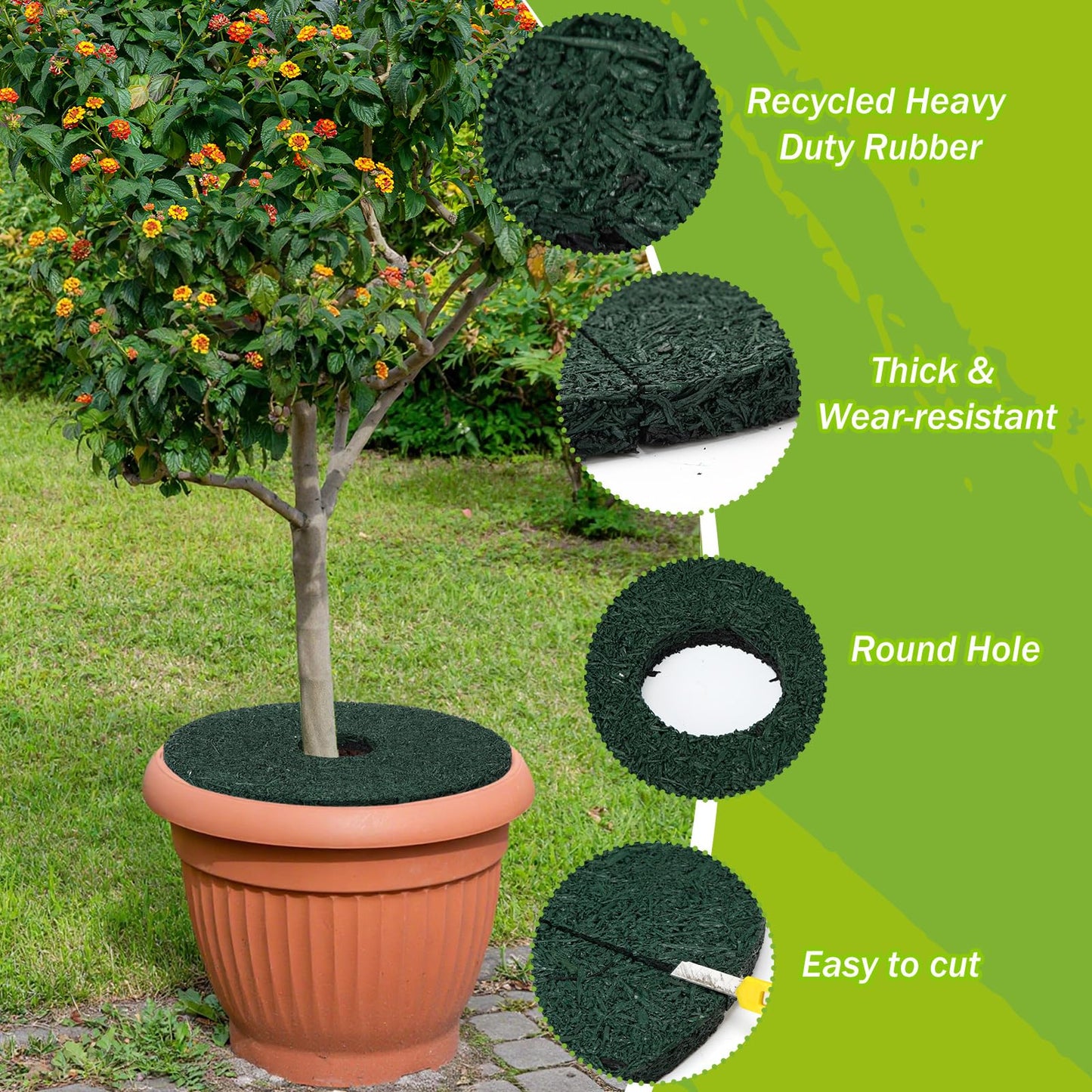 Peryiter 2 Pcs Double Side Rubber Mulch Tree Ring, Heavy Duty Rubber Mulch Mat, Tree Root Protector Mat Reversible Round Root Ring Weed Barrier for Prevent Animal Dig (Green)
