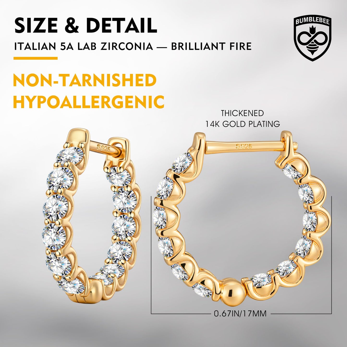 BUMBLEBEE Handmade 925 Sterling Silver Hoop Earrings for Women,14K Gold Plated with Italian 5A Lab Zirconia Hypoallergenic Tarnish-Resistant, Lightweight, Gift for Valentine's Birthday