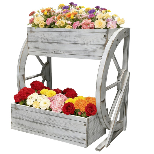 2 Tier Classic Wooden Wagon Planter Box|Outdoor Planter/Flower Pot for Indoor&Outdoor Plants-Rustic Garden Planter for Patio,Porch&Garden Decor- Raised Garden Bed for Succulents,Herbs,Vegetables