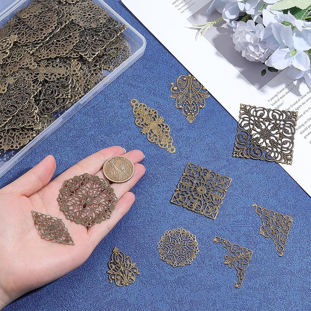 PH PandaHall 120pcs 10 Styles Filigree Connectors Charms Book Corners Iron Filigree Connector Charms Antique Bronze Metal Embellishments for Scrapbooking Album Book Corners Jewelry Making Craft Decor