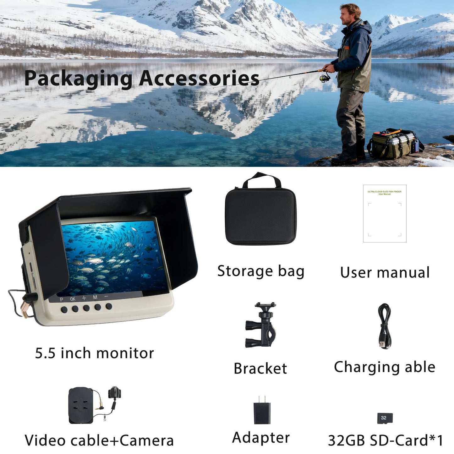 Jiisquilyx Underwater Camera & Fish Finder: 5.5 Inch OLED 1080P Waterproof Ice Fishing Camera with Monitor｜Portable Fish Finders for Ice/Lake Fishing｜Depth Finder for Boat/Kayak & Murky Under Water