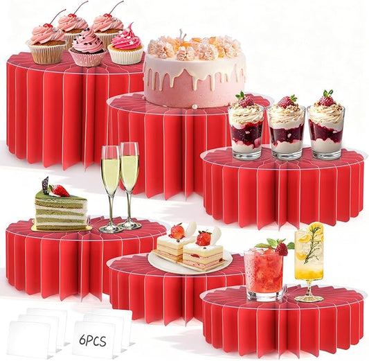 6Pcs Buffet Risers, Valentine's Day Food Risers for Table, Foldable Cake Display Stands, Tall Cardboard Cupcakes Stand for Show Catering Desserts Jewelry Wedding Birthday Party Decoration (Red)