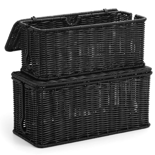 2Pack Large Cable Management Box Black, Handwoven Imitation Rattan Cord Organizer Cord Hider, Desk Cord Management Box to Hide Cords and Power Strips on Desk or Floor