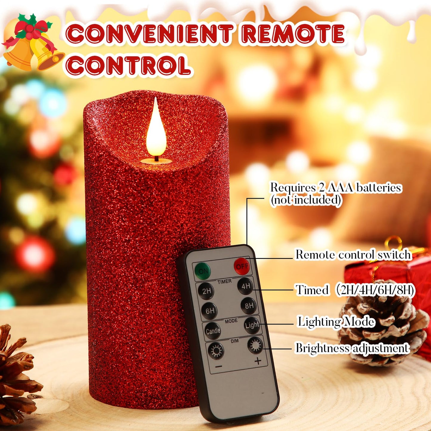 Retisee Set of 3 Valentines Glitter Flameless Candles, 4" 5"" 6"" Burgundy Red Operated Battery Pillar Candles Flickering Real Wax LED Candle with Remote and Timer for Valentines Home Table Centerpiece"