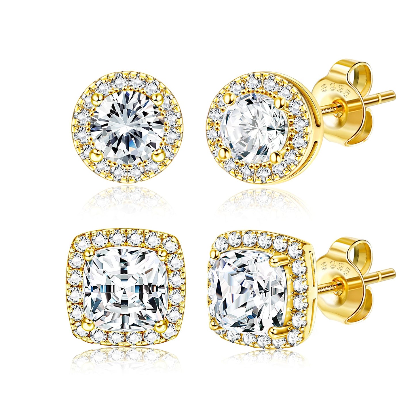 Hayoso Cubic Zirconia Stud Earrings for Women Men Sterling Silver Earring Post Hypoallergenic 14k Gold Plated Round&Square Earrings Gold1