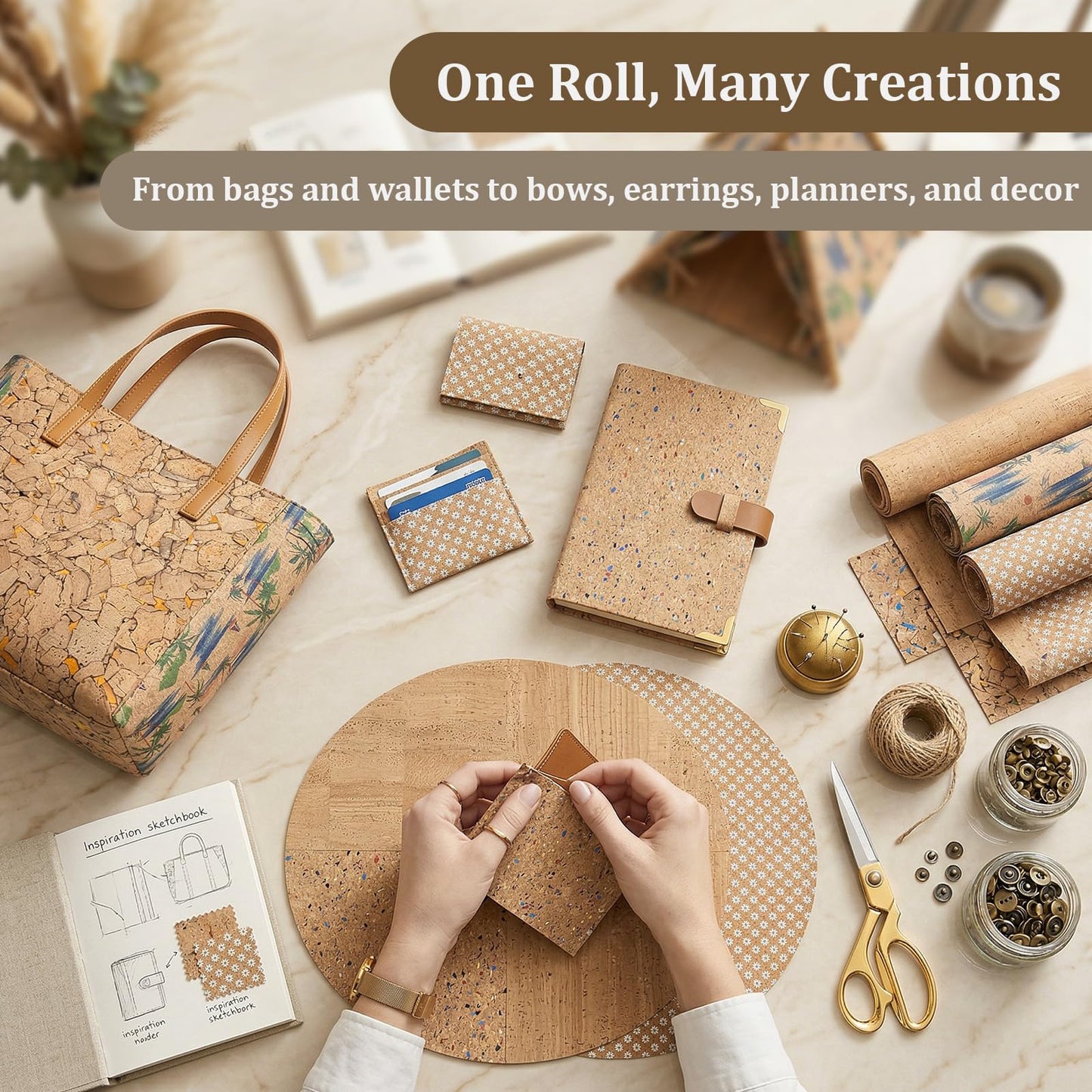 TINAFEITEM Mosaic Texture Cork Fabric Roll by the Yard, Soft Flexible Cork Fabric for Sewing and DIY Crafts, Easy Cut Material for Bags, Wallets, Home Decor and Accessories, 12.8 x 54 Inches