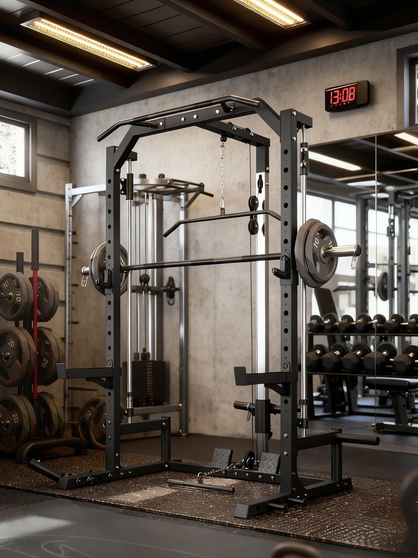 Smith Machine, Home Gym Multi-Functional Smith Machines, with Barbell Bar, Cable Crossover, LAT Pulldown, Spotter Arms, j Hooks and Landmine, Carbon Steel Half Rack for Full Body Strength Training