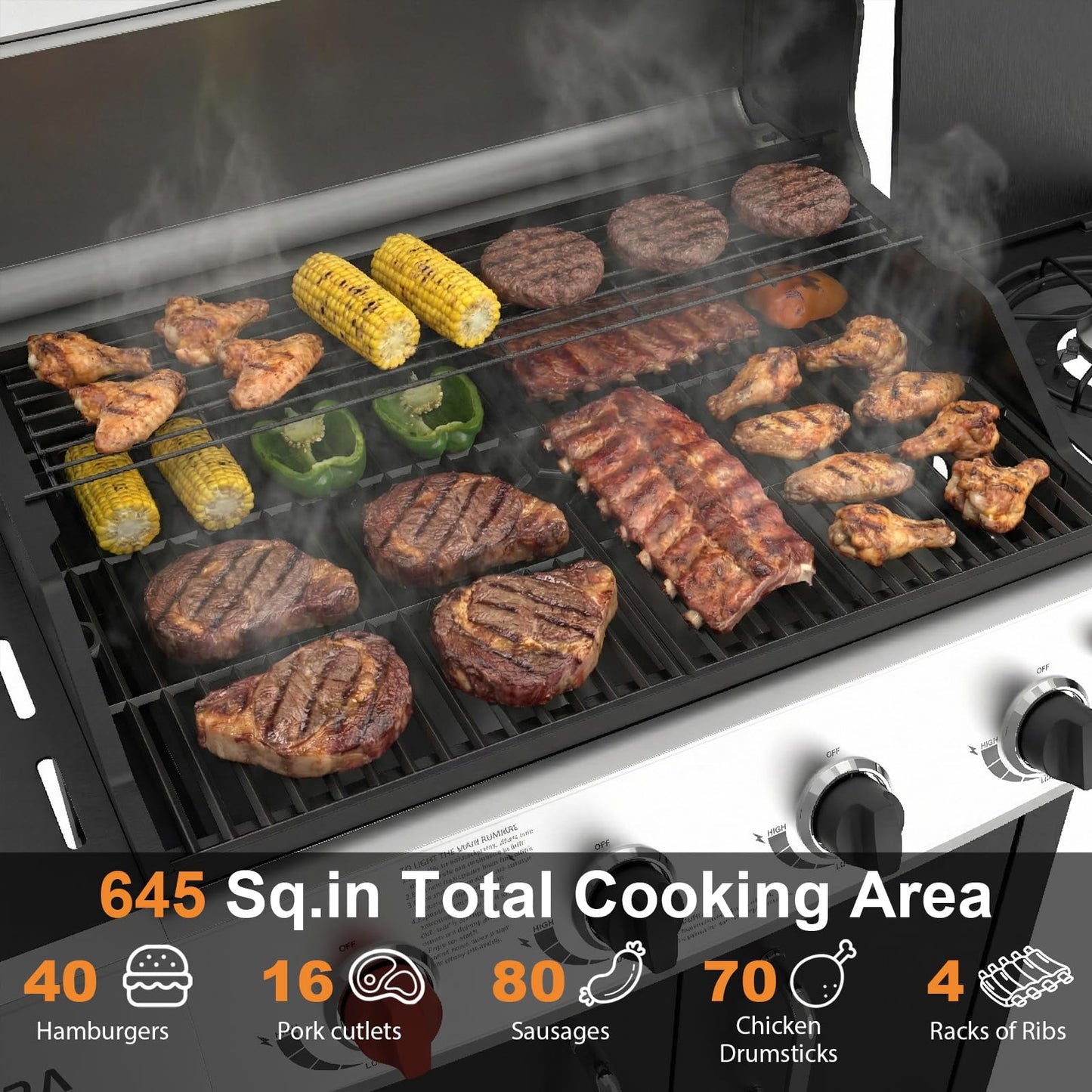 THERMORA 4 Burners Propane Gas Grill 62,000 BTU with Side Burner 645 sq.in, Porcelain-Enameled Grates BBQ Grills, Stainless Steel Propane Grill for Outdoor Cooking Barbecues Patio Garden Family Party