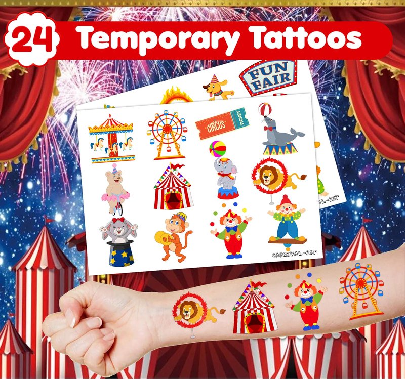 INKSOMOBA 36 PCS Carnival Party Favors for Kids - 24 Temporary Tattoos & 12 Circus Themed Stamps - Ideal Goodie Bag Fillers, Birthday Rewards, Classroom Prizes for Boys & Girls