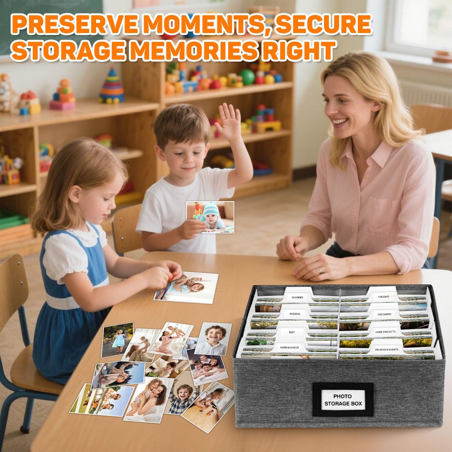 Photo Storage Box with Lid, Photo Organizer Box Fits Holds up to 1700 and 4x6 Pictures, with 8 Adjustable Dividers, 60 Labels, Photo Album Box for Envelopes, Scrapbooking, Recipes, Cards, Stamps