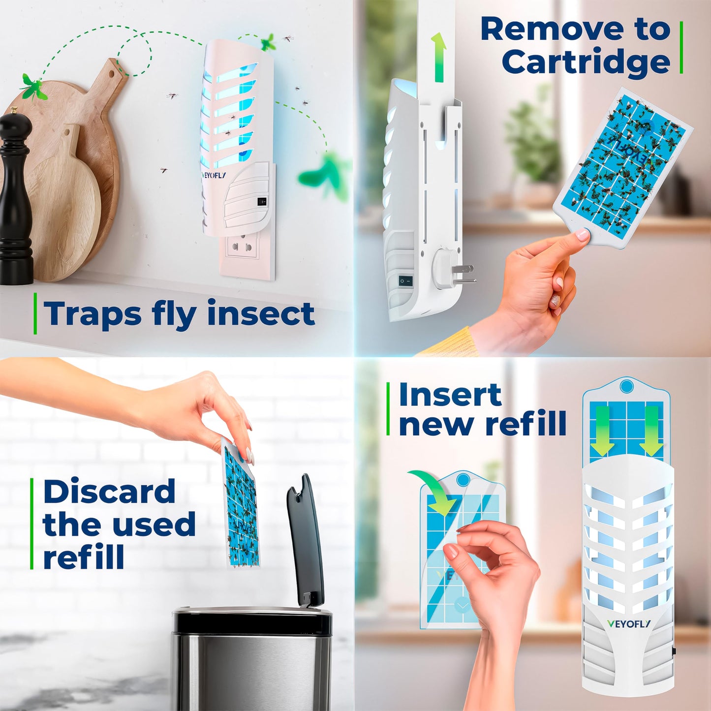 VEYOFLY Fruit Fly Trap Indoor (1 Device + 3 Refills), Gnat Catcher, Plug-in Light Insect Trap for House, Bug Killer