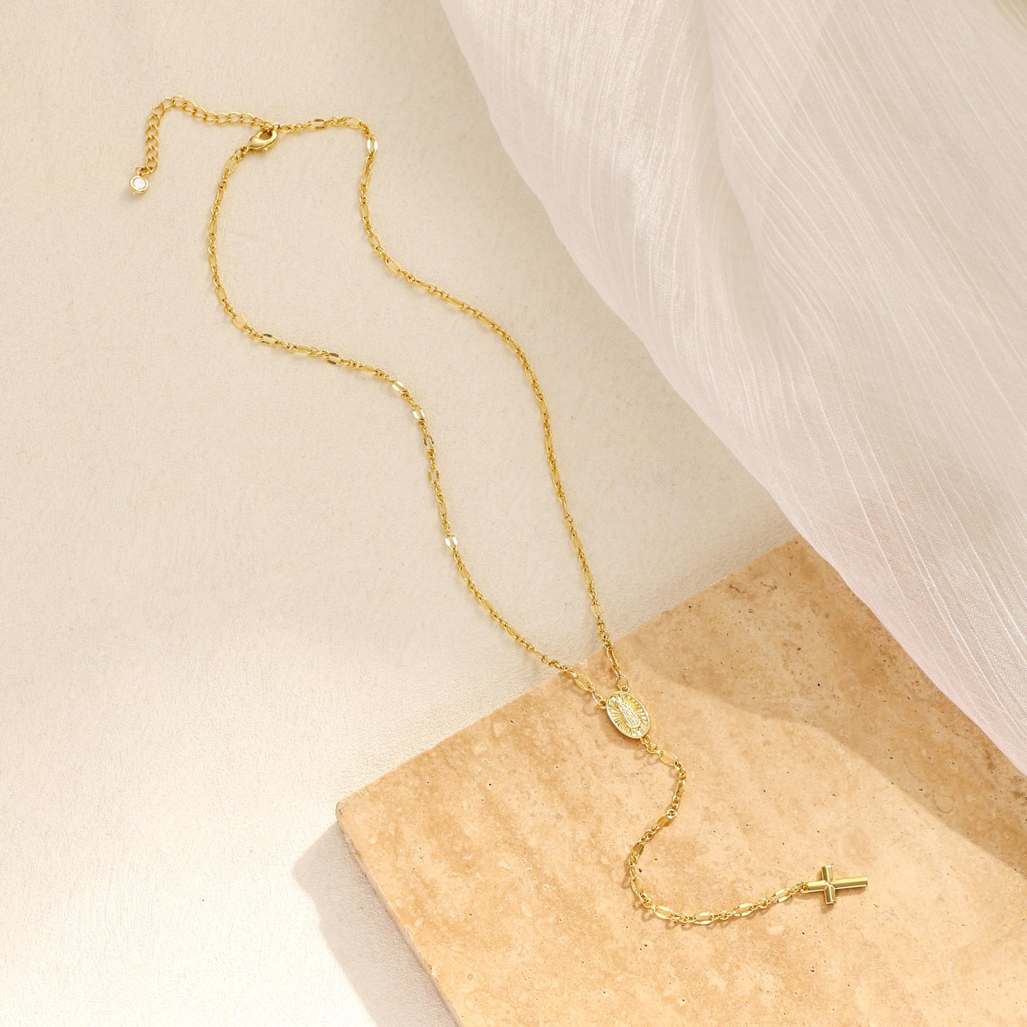 CHESKY 14K Gold Plated Long Necklace for Women Y Shaped Necklace Rosary Cross Drop Pendant Necklace Dainty Trendy Christian Jewelry