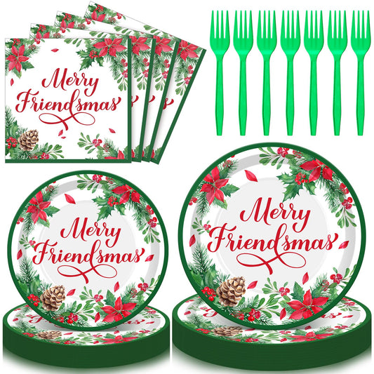 96 Pcs Friendsmas Christmas Party Decorations for 24 Guest Red Green Merry Friendsmas Christmas Party Supplies Friend Xmas Paper Plates and Napkins Set Vintage Disposable Dinnerware Set(Holly Leaves)