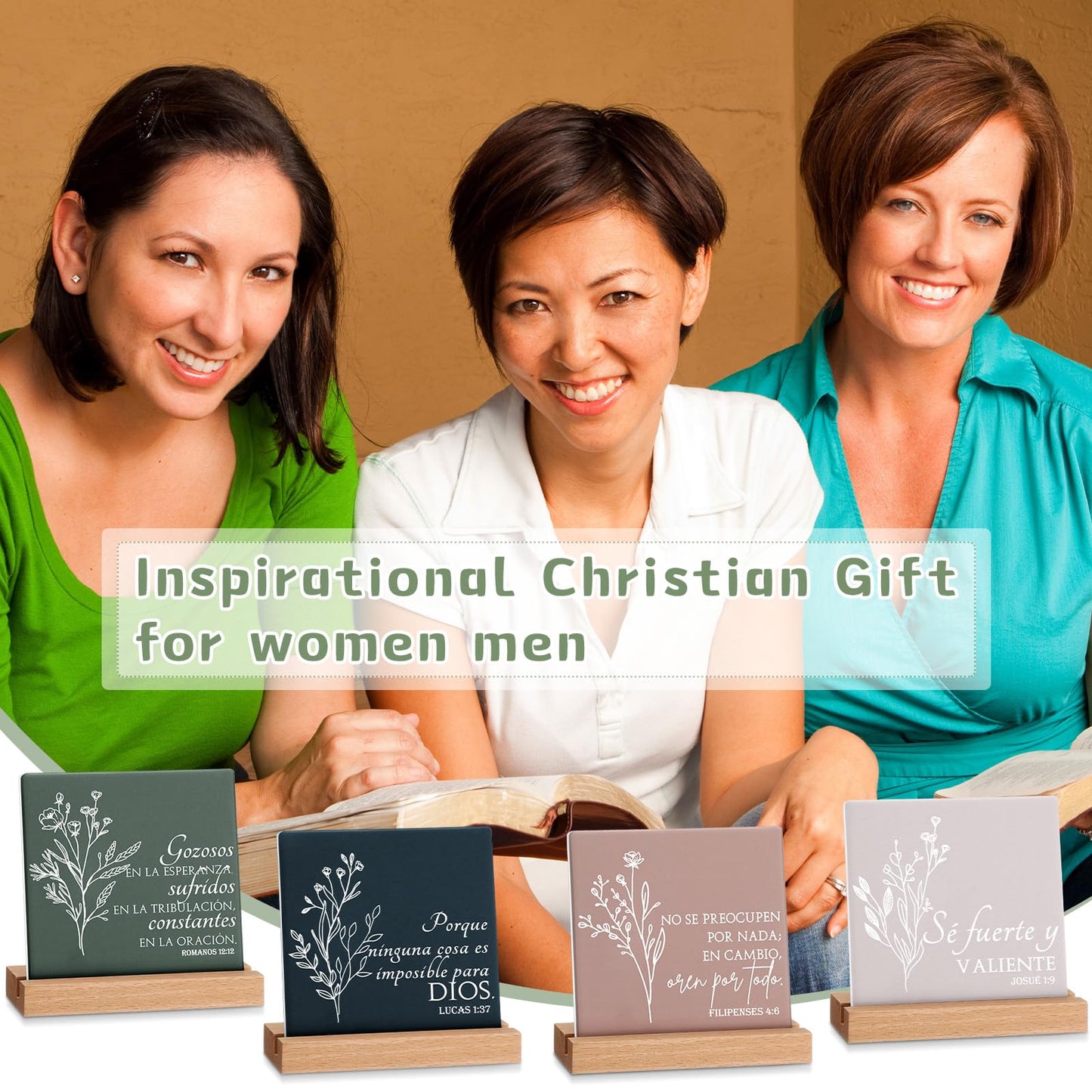Roowest 10 Pcs Christian Gift for Mom Bible Verse Desk Decor Religious Ceramic Table Plaque Sign with Wood Stand for Women Men Mothers Day Church Graduation Party Favor(Spanish)