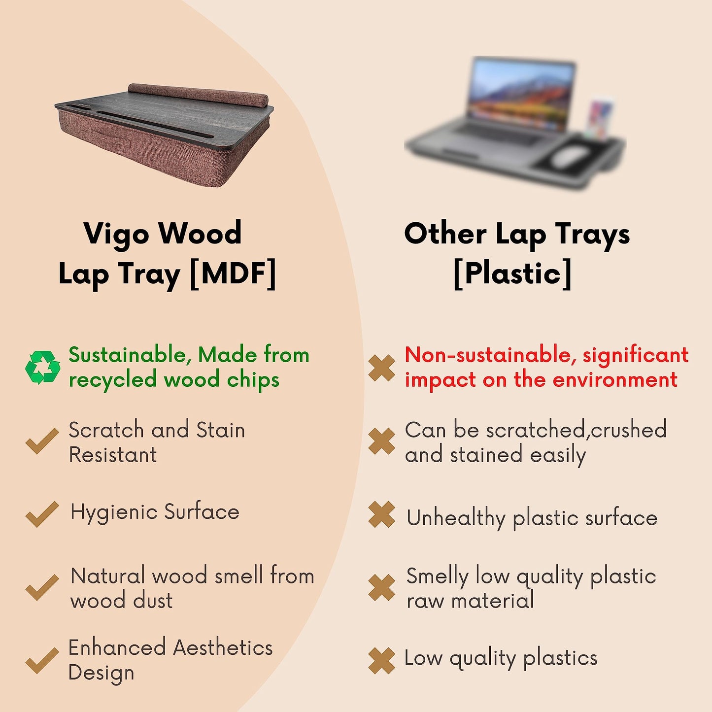 Vigo Wood Portable Laptop Desk – Lapdesk with Cushion, Laptop Stand for Bed, Lap Desk for Laptop and Lap Desk for Bed, Portable Desk for Lap top, Notebook Bed Tray (Black & Brown)