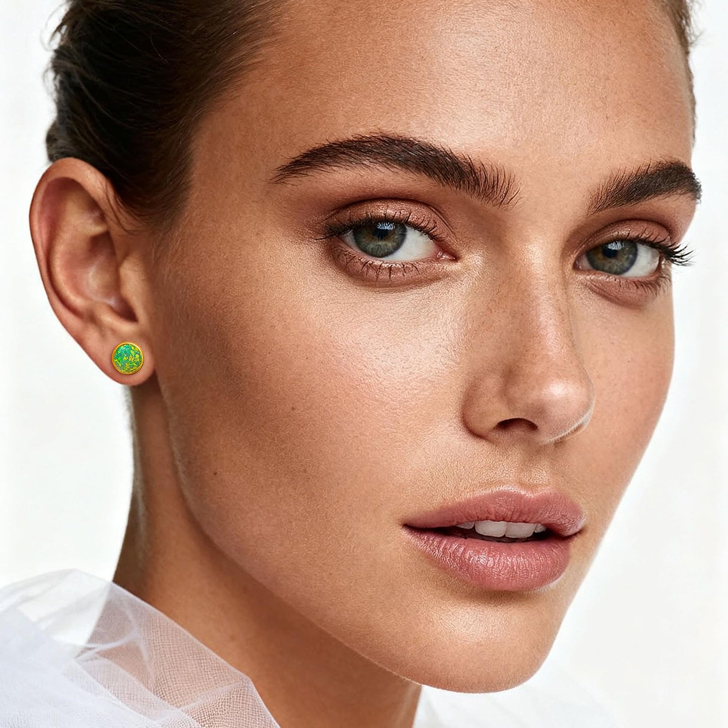 JiayangJY Silver Green Fire Opal Stud Earrings for Women 18K Yellow Gold Plated Sterling Silver Round Shape 8mm Opal Earrings with Push Back