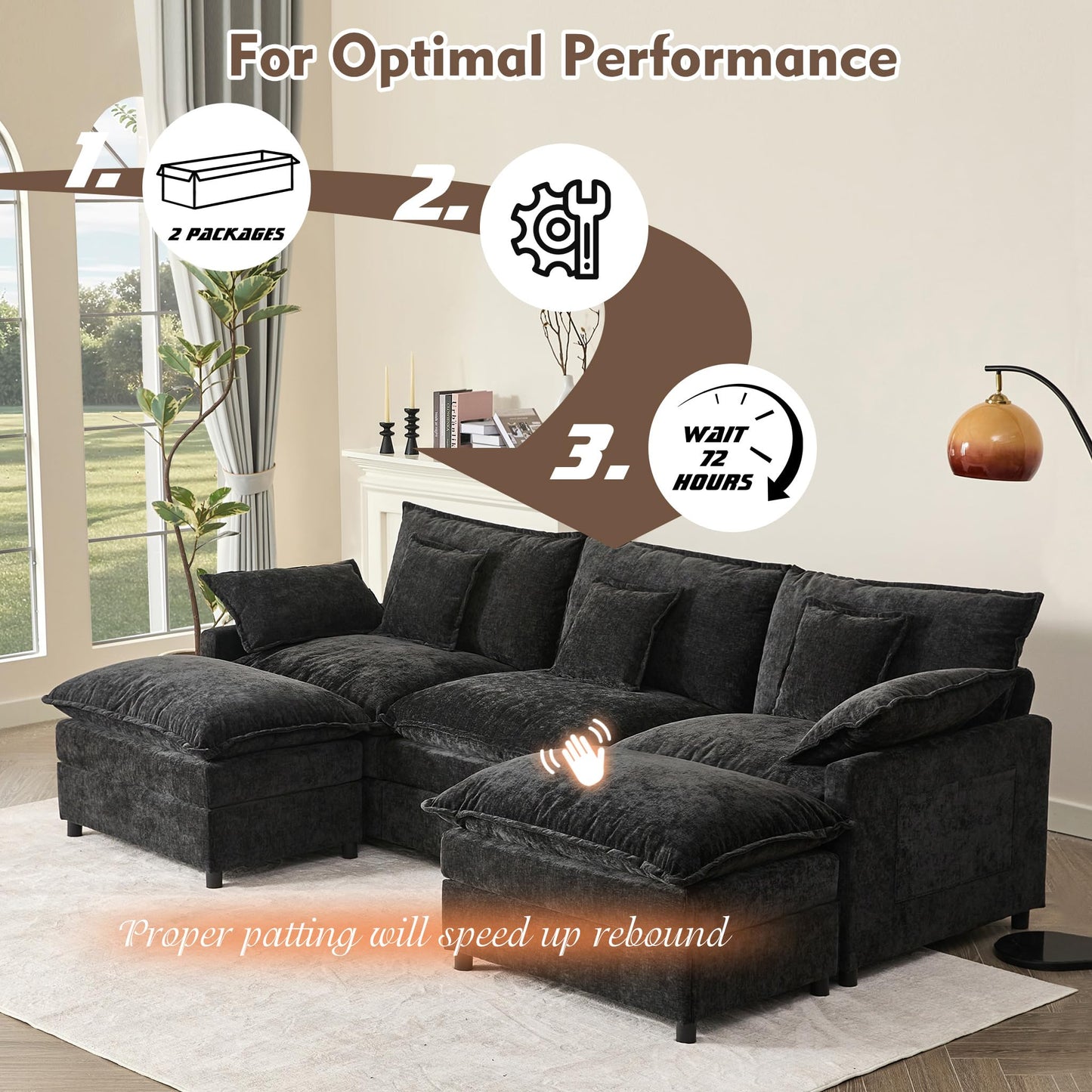 GOSUHI 108" U Shaped Couch, Modular Sectional Sofa, 3-Seater Comfy Cloud Couch, Set of Modular Pieces with Movable Ottoman, Deep Seat Couches for Living Room, Chenille, Black