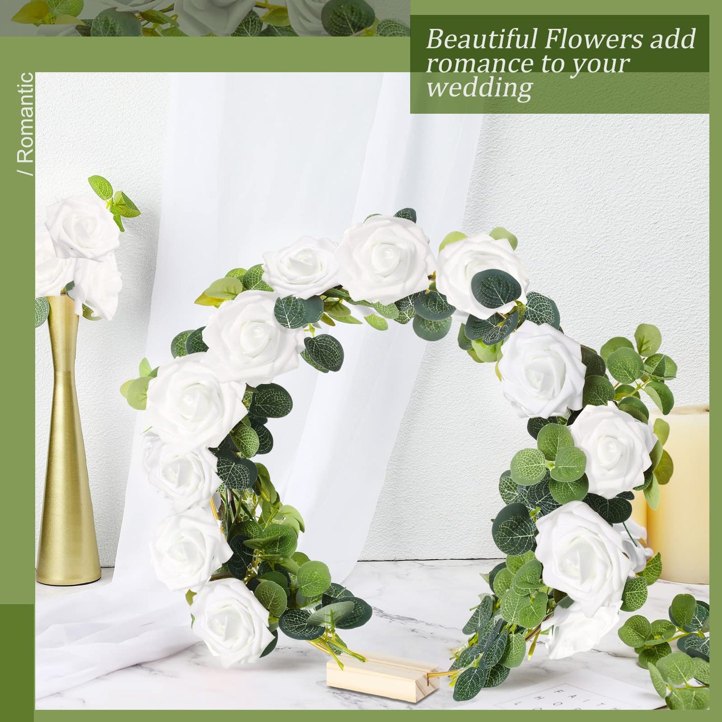 15 Pcs Metal Floral Centerpiece Table Decorations Hoop Centerpiece with Stand Gold Centerpieces for Table 15 Wooden Holders 30 Artificial Flowers 30 Leaves for Wedding DIY Craft Decor(12 Inch,White)