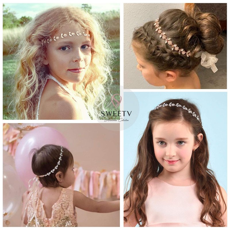 SWEETV 2pcs Flower Girl Headpiece Sliver Wedding Headband for Girls, Crystal & Pearl Hair Accessories for Birthday Party, First Communion