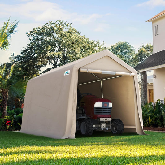 ADVANCE OUTDOOR 8x14 ft Steel Metal Peak Roof Portable Garage Shelter Storage Shed Carport for Motorcycle, Bike or Garden Tools with 2 Roll up Doors & Vents, Beige